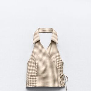 Zara Beige Checkered gingham Halter Top